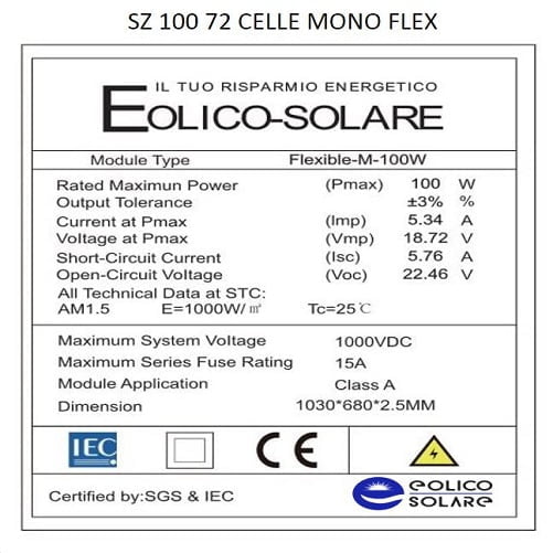 Pannello Solare Flessibile 100W 12V Monocristallino