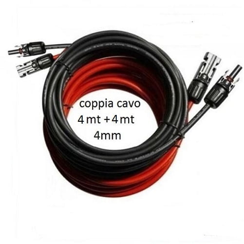 Coppia Cavo Solare 4mt Rosso + 4 mt Nero 4mm doppi connettori