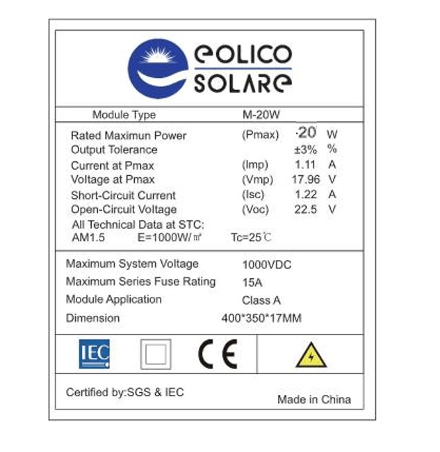 Pannello 20w Solare Fotovoltaico 12V- Monocristallino