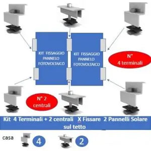 kit fissaggio fotovoltaico da 4 terminali più 2 centrali